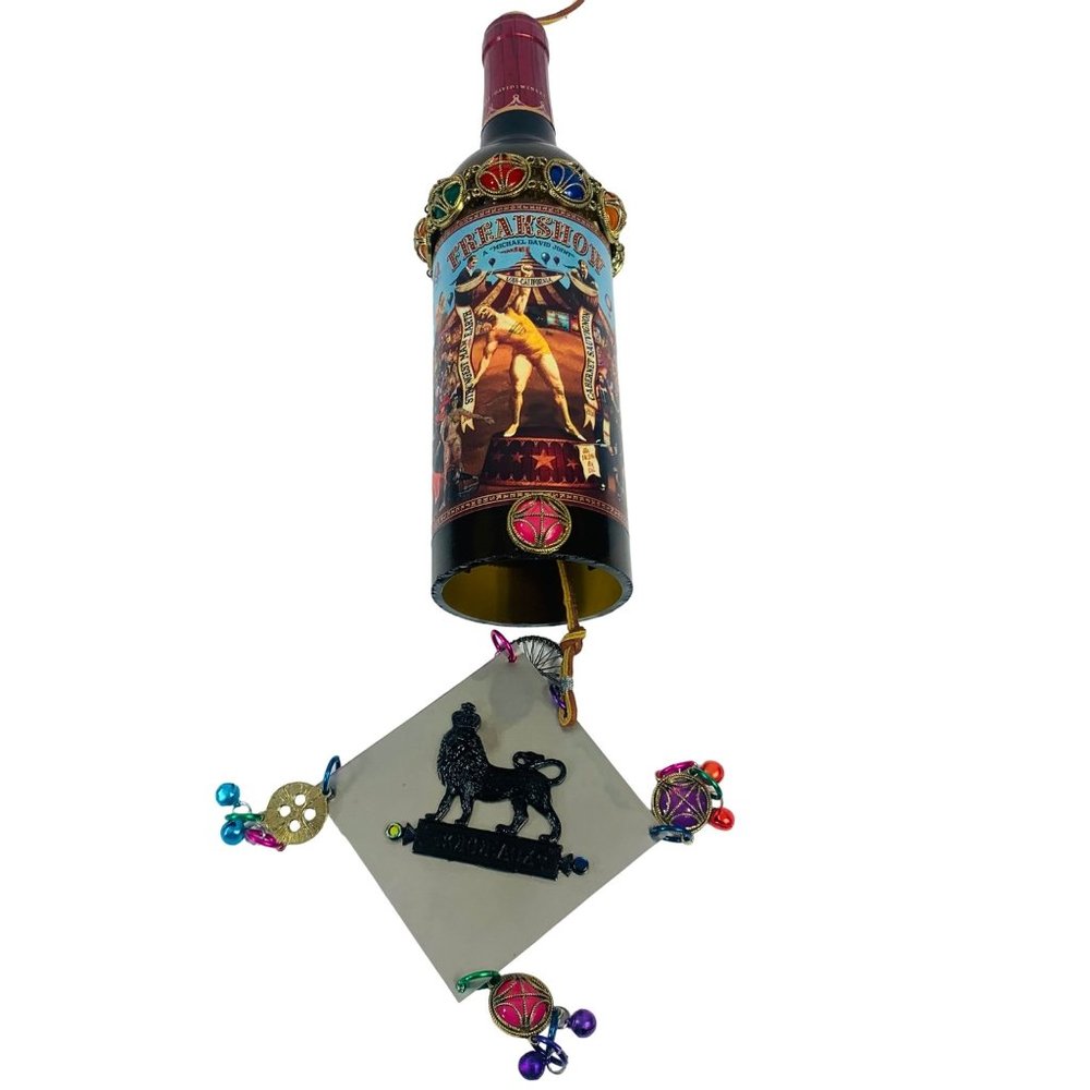 Wine Bottle Wind Chime Jeweled Freakshow Handmade Garden Yard Cabernet Gift